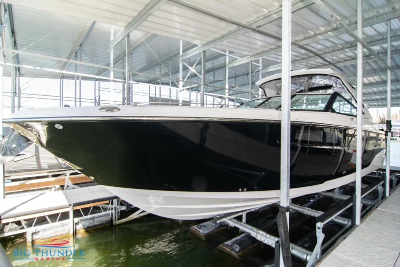 Slide: The Image of 2022 Monterey 378 SS boat docked at Big Thunder Marina. - 2