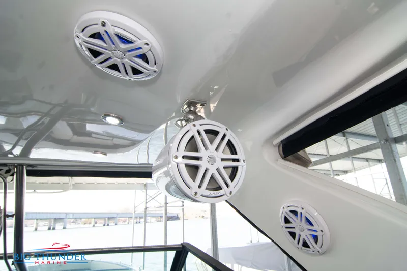 Slide: The Image of 2022 Monterey 378 SS boat with premium audio system and speakers. - 29