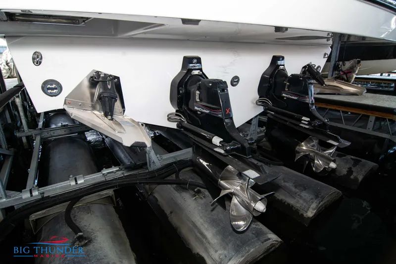 Slide: The Image of 2022 Monterey 378 SS boat with dual outboard engines at Big Thunder Marine. - 5