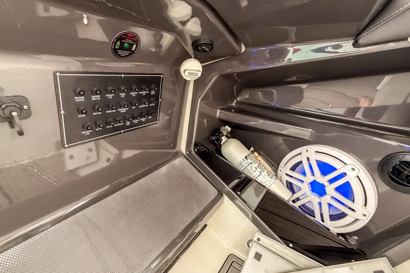 Slide: The Image of Interior of 2022 Monterey 378SS Super Sport boat with control panel and speaker. - 40