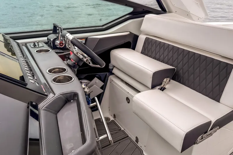 Slide: The Image of 2022 Monterey 378SS Super Sport cockpit with luxurious seating and modern controls. - 34
