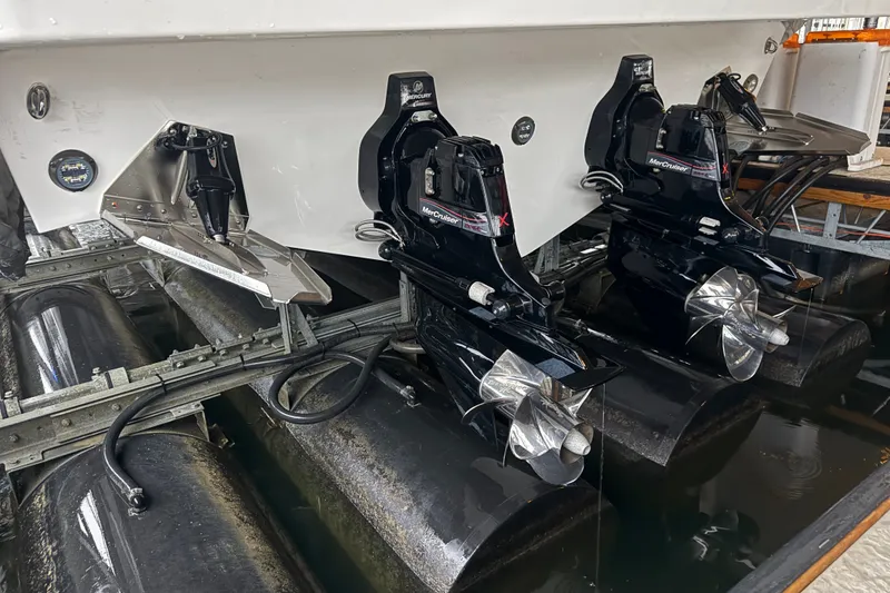 Slide: The Image of 2022 Monterey 378SS Super Sport boat with dual MerCruiser engines in dock. - 44