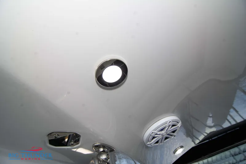 Slide: The Image of 2022 Monterey 378 SS boat interior ceiling with LED light and speaker. - 30