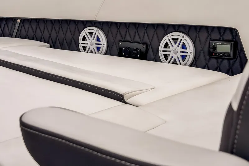 Slide: The Image of Luxurious interior of 2022 Monterey 378SS Super Sport with premium speakers and control panel. - 23