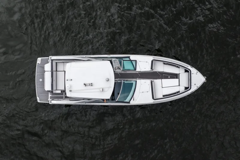 Slide: The Image of Aerial view of 2022 Monterey 378SS Super Sport boat on water. - 8