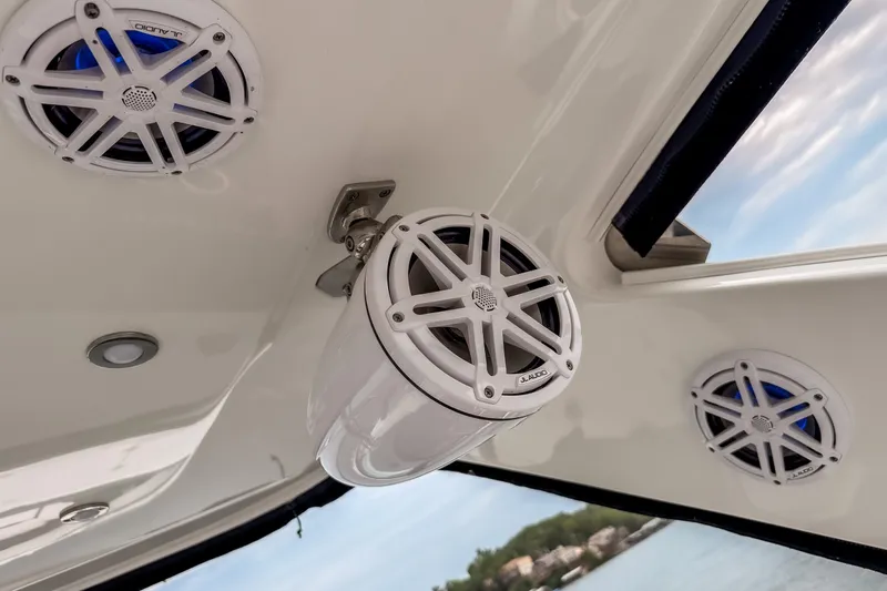 Slide: The Image of 2022 Monterey 378SS Super Sport boat speakers and lighting detail. - 19