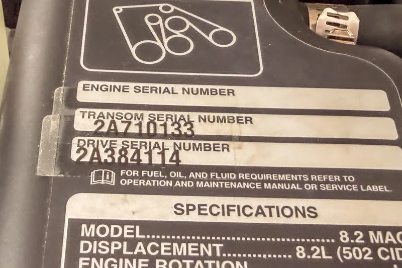 Slide: The Image of Engine specifications label for 2022 Monterey 378SS Super Sport boat. - 43