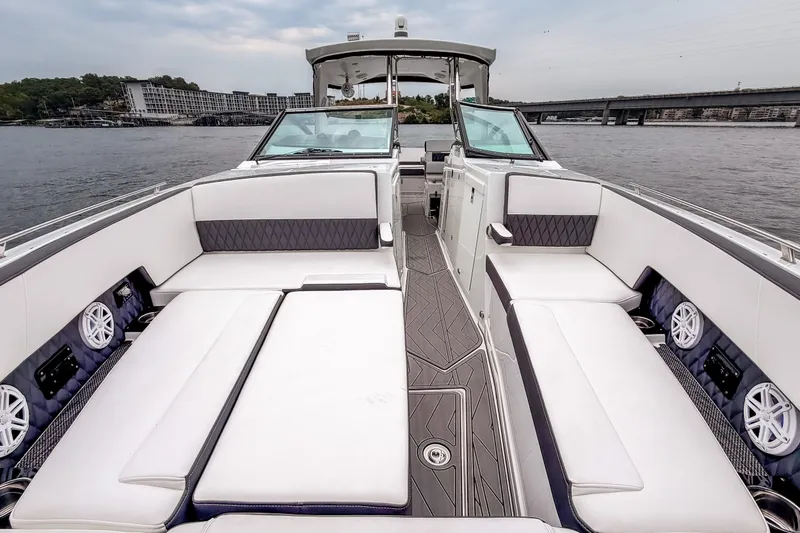 Slide: The Image of 2022 Monterey 378SS Super Sport boat interior with luxurious seating and modern design. - 27