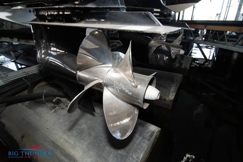 Slide: The Image of Close-up of 2022 Monterey 378 SS boat propeller in a marina. - 7