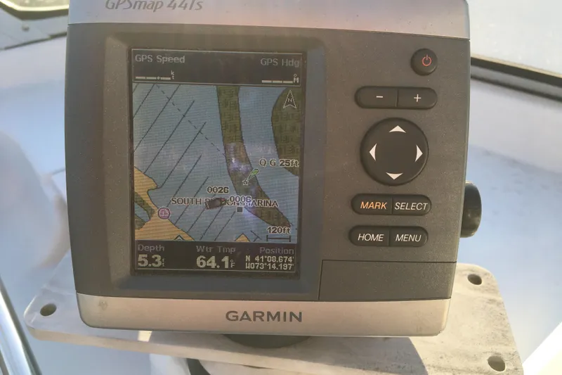 Slide: The Image of Garmin GPSmap 441s on a 1998 Stratos 2100 boat displaying navigation data. - 15
