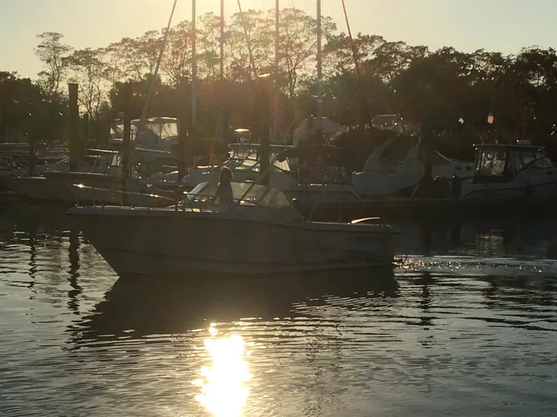 Slide: The Image of 1998 Stratos 2100 boat cruising on a calm lake at sunset. - 3