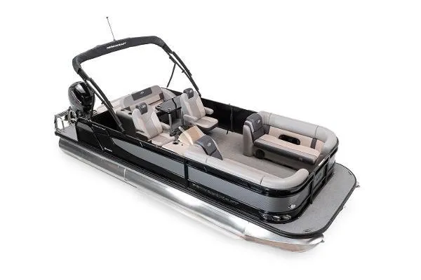 Slide: The Image of 2024 Princecraft Quorum 23 RL pontoon boat with sleek design and spacious seating. - 10