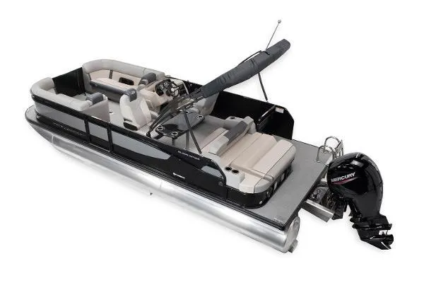 Slide: The Image of 2024 Princecraft Quorum 23 RL pontoon boat with Mercury outboard motor. - 9