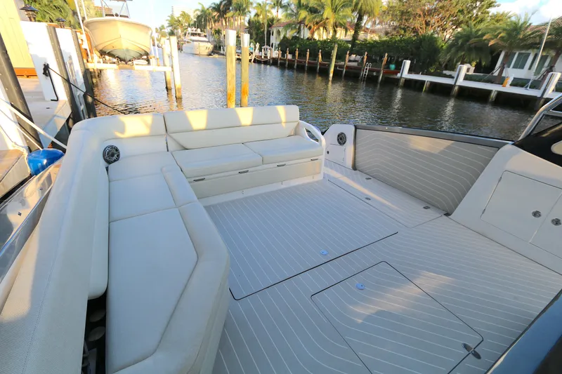 Slide: The Image of Luxurious 2022 Azimut 47 VERVE yacht deck with spacious seating and elegant design. - 17