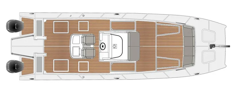 Slide: The Image of Top view of 2025 SilverCAT 34 CC boat with dual engines and spacious deck layout. - 15