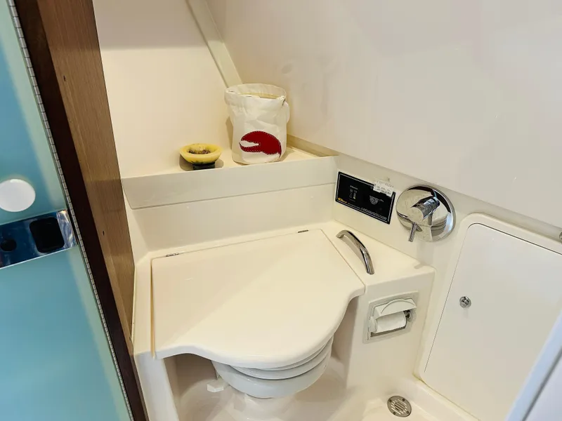 Slide: The Image of 2017 Pursuit OS 355 boat bathroom with compact toilet and modern fixtures. - 40