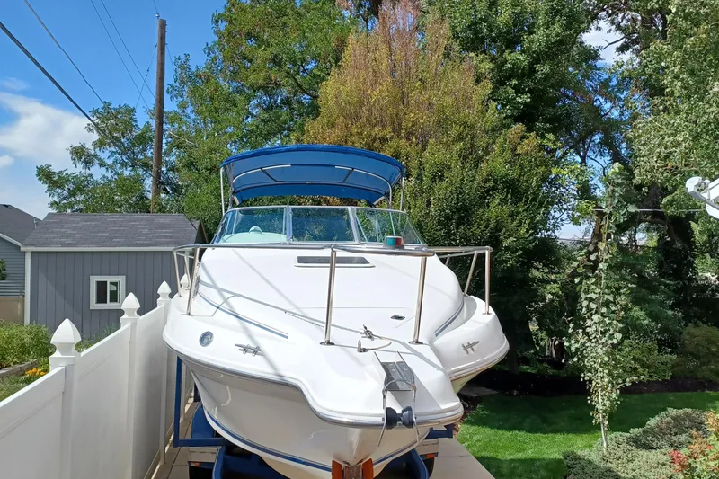Slide: The Image of 1996 Sea Ray 250 Sundancer boat docked in a residential backyard. - 2