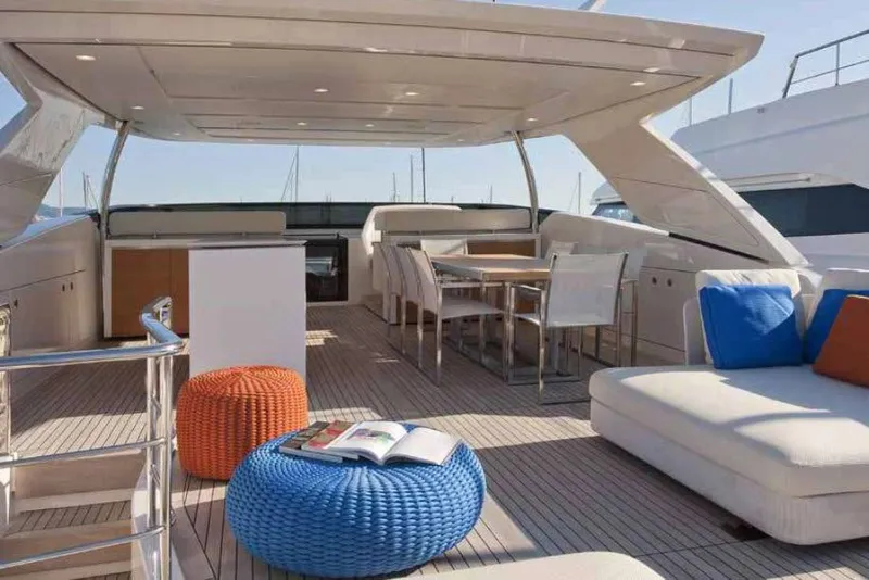 Slide: The Image of Luxurious 2016 Sanlorenzo SL96 yacht deck with modern seating and dining area. - 10