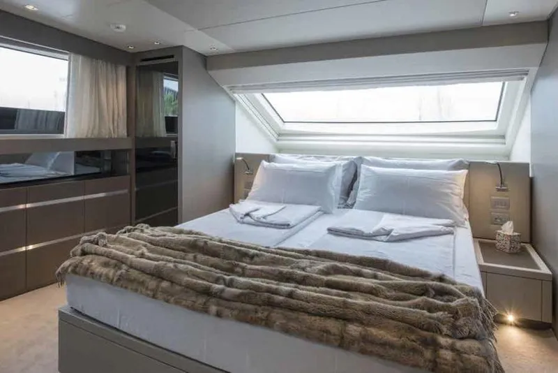 Slide: The Image of Luxurious bedroom on a 2016 Sanlorenzo SL96 yacht with modern decor and large window. - 22