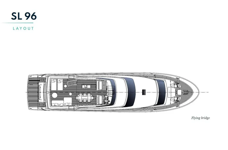 Slide: The Image of Top view layout of the 2016 Sanlorenzo SL96 yacht, showcasing the flying bridge. - 28
