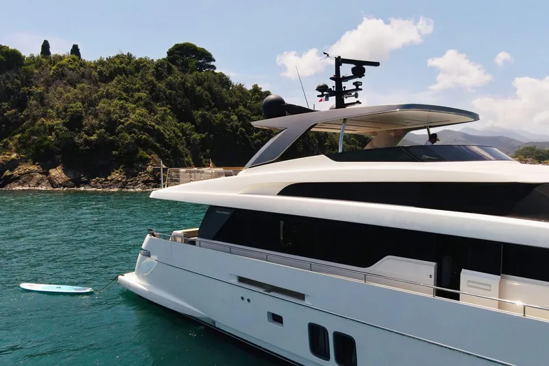 Slide: The Image of Sanlorenzo SL96 yacht 2016 model anchored near a lush, green island. - 7