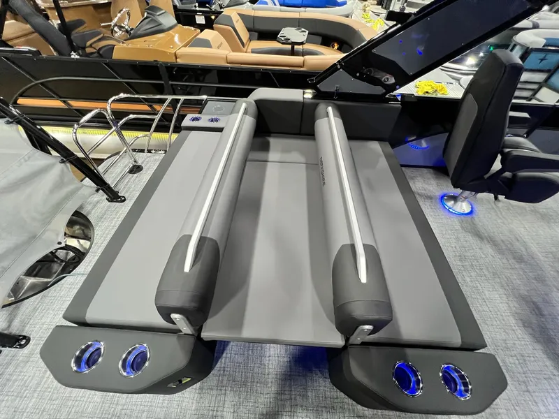 Slide: The Image of 2024 Berkshire 25ULE Roswell Arch STS Tritoon interior with modern seating and sleek design. - 34