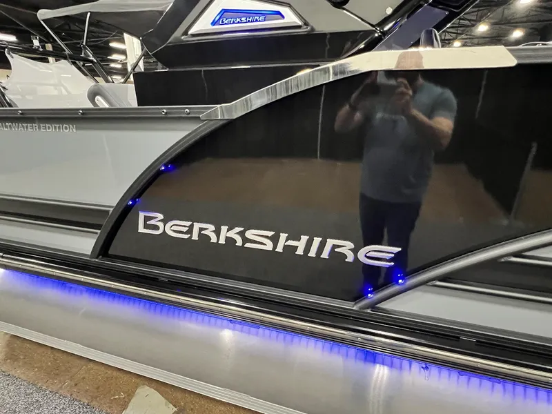 Slide: The Image of 2024 Berkshire 25ULE Roswell Arch STS Tritoon with illuminated blue lights. - 4