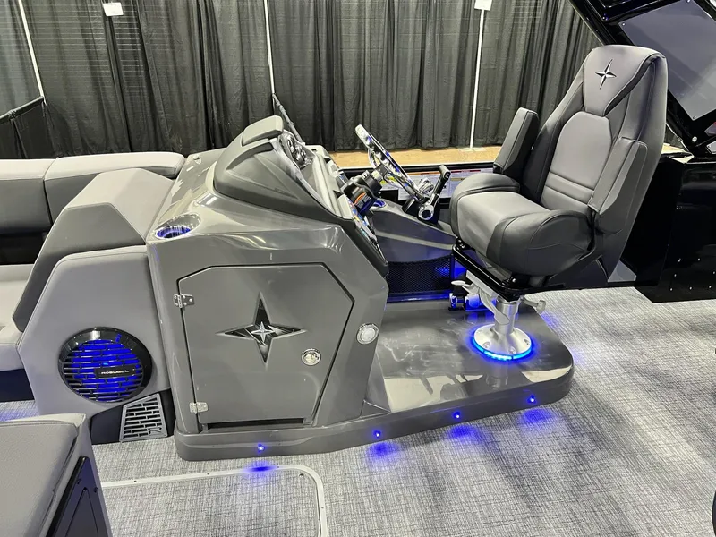 Slide: The Image of 2024 Berkshire 25ULE Roswell Arch STS Tritoon helm with captain's chair and illuminated controls. - 6