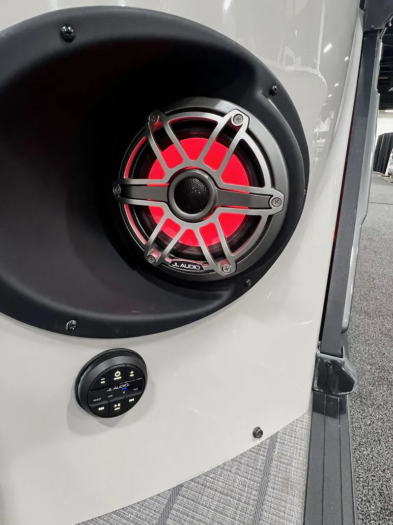 Slide: The Image of 2024 Sylvan G5 CLZ DC Arch Tritoon speaker with red LED lighting. - 23