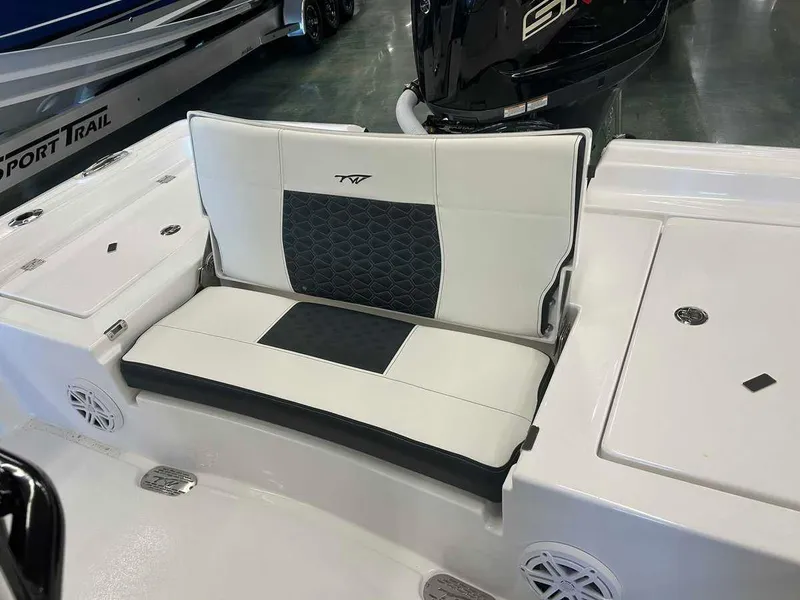 Slide: The Image of 2024 Tidewater 2300 Carolina Bay boat seat with stylish black and white upholstery. - 9
