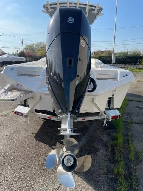 Slide: The Image of 2024 Ranger 2600 Bay boat rear view with outboard motor. - 1