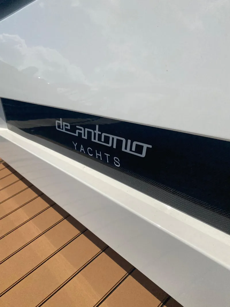 Slide: The Image of De Antonio Yachts D 28 2020 model logo on yacht exterior. - 39