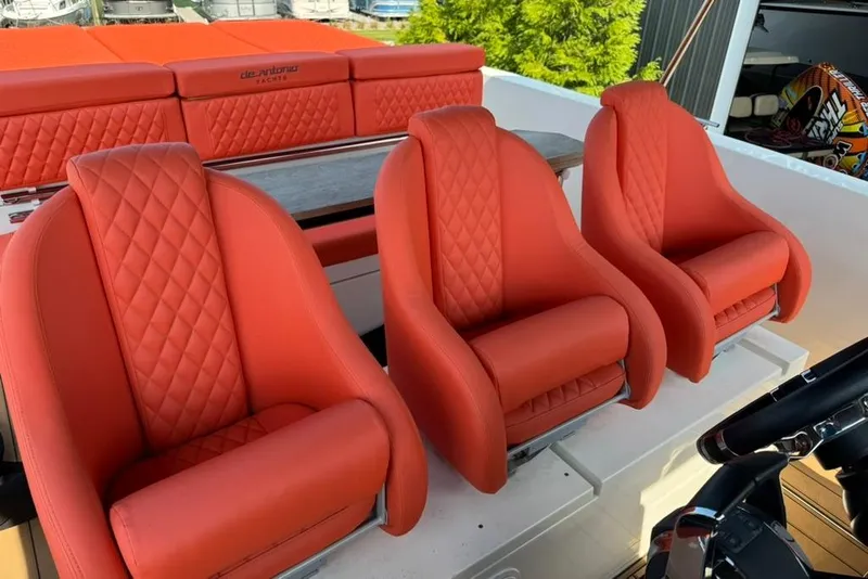 Slide: The Image of Red quilted seats on 2020 De Antonio Yachts D28, luxury boat interior. - 65