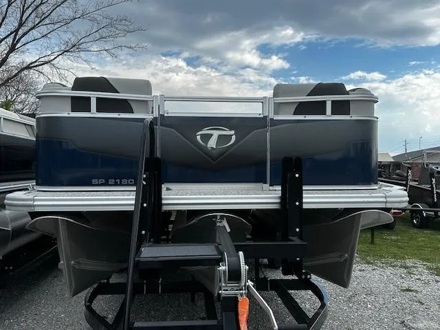 Slide: The Image of 2024 Tahoe Pontoon SPORT 2180 QL boat on trailer, front view. - 1
