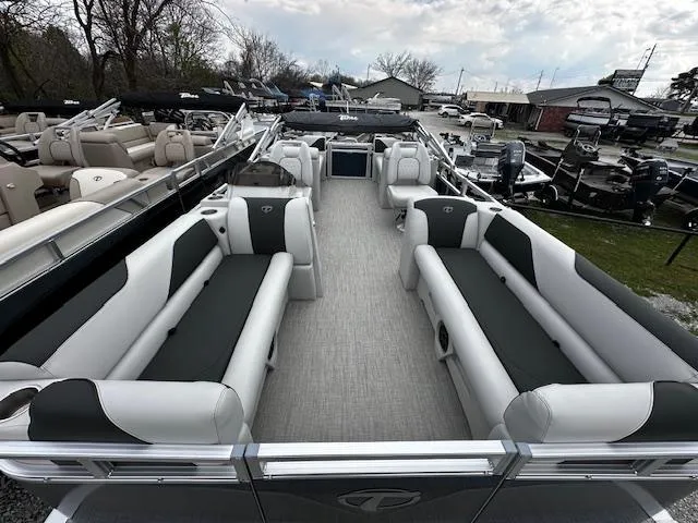 Slide: The Image of 2024 Tahoe Pontoon SPORT 2180 QL with spacious seating and modern design. - 7