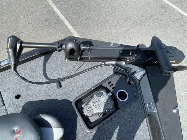 Slide: The Image of 2023 Vexus AVX181 boat deck with trolling motor and foot pedal. - 10