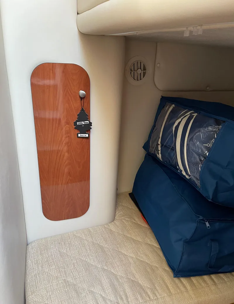 Slide: The Image of Interior cabin of a 2006 Monterey 322 Cruiser with storage and bedding. - 17