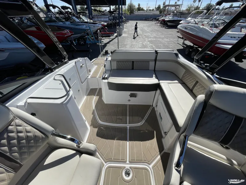 Slide: The Image of 2024 Monterey M4 boat interior with luxurious seating and modern design. - 8