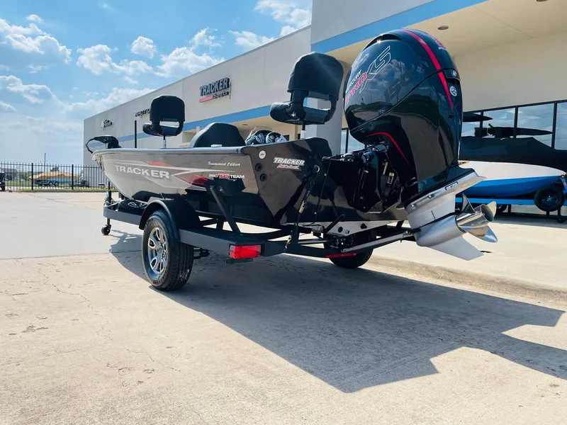Slide: The Image of 2024 Tracker Pro Team 195 TXW Tournament Edition boat on trailer, rear view. - 7