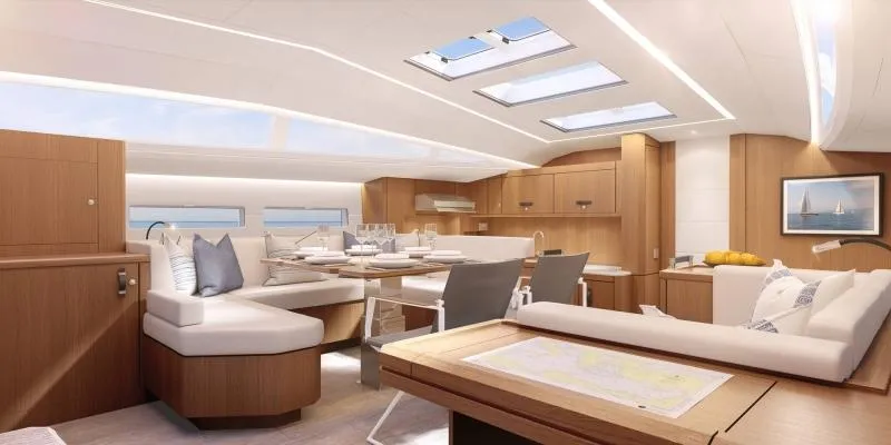 Slide: The Image of Luxurious interior of 2024 Jeanneau 60 yacht with modern design and ample natural light. - 21