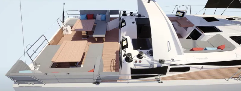 Slide: The Image of 2024 Jeanneau Yacht 55 deck with seating, tables, and modern design features. - 13