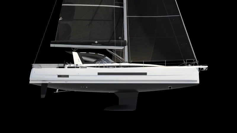 Slide: The Image of 2024 Jeanneau Yacht 55 with sleek black sails on a black background. - 5