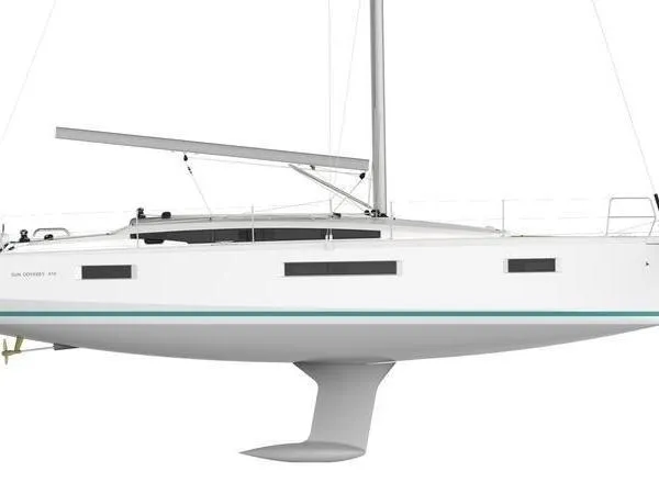 Slide: The Image of 2025 Jeanneau Sun Odyssey 410 sailboat, sleek design, side view, white hull, modern features. - 13