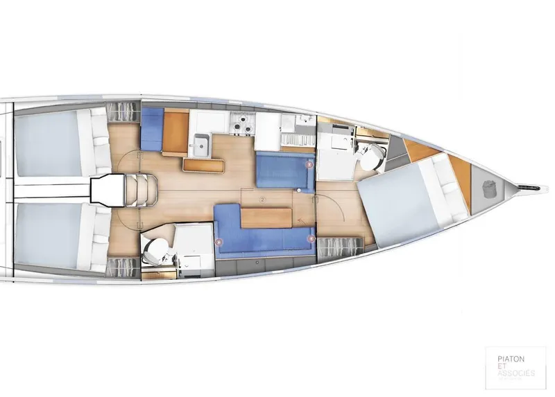Slide: The Image of 2025 Jeanneau Sun Odyssey 410 interior layout with cabins, kitchen, and bathrooms. - 6