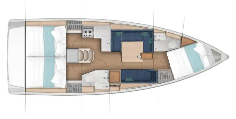 Slide: The Image of 2024 Jeanneau Sun Odyssey 380 interior layout, featuring cabins, kitchen, and living area. - 6