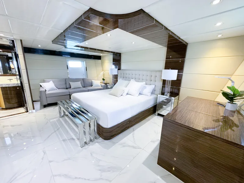 Slide: The Image of Luxurious bedroom on a 2010 Custom WHS Marine yacht with modern decor and marble flooring. - 34
