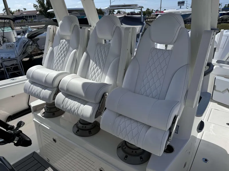 Slide: The Image of Luxurious seating on the 2024 Solace 37 CS boat, featuring ergonomic design and premium materials. - 8