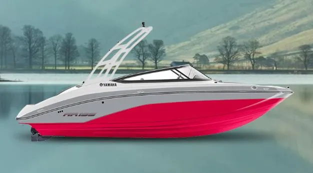 Slide: The Image of 2024 Yamaha Boats AR 195 in red and white on a serene lake. - 6
