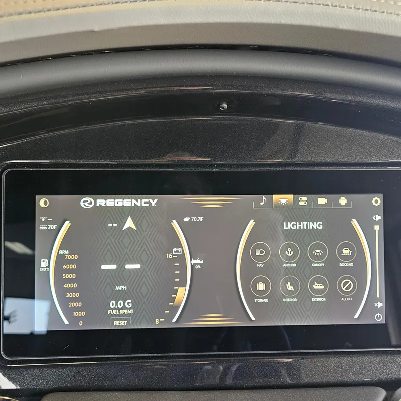 Slide: The Image of 2024 Regency 250 LE3 Sport dashboard display showing RPM, speed, and lighting controls. - 16
