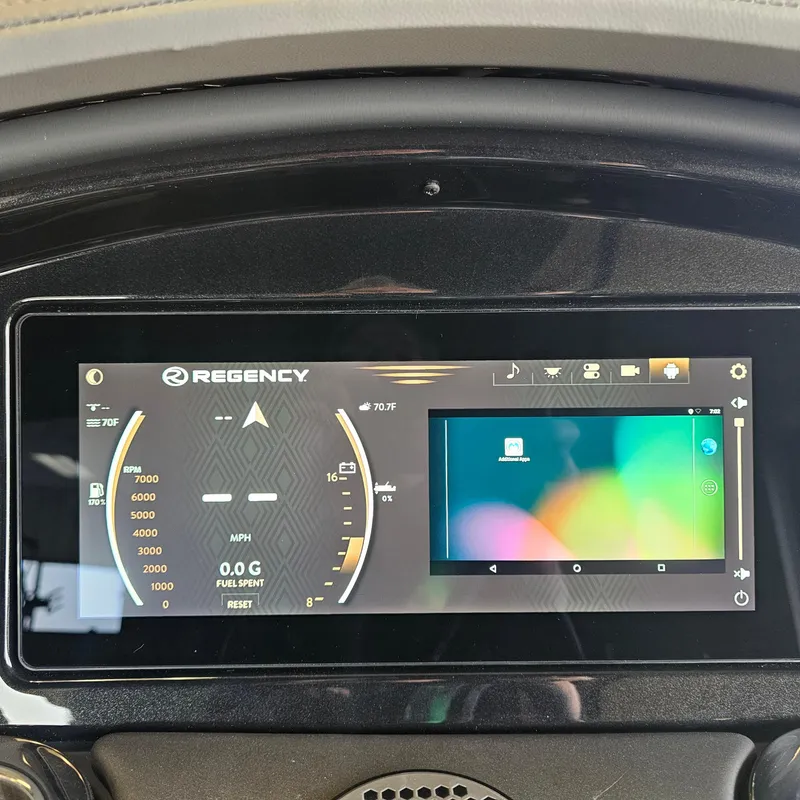 Slide: The Image of 2024 Regency 250 LE3 Sport dashboard display with digital gauges and touchscreen interface. - 17